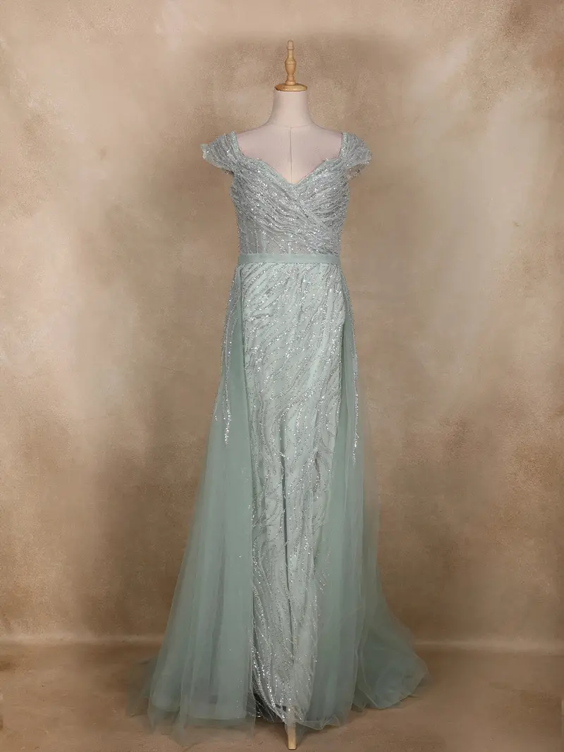 Mint Green Sequins Embroidered Net Evening Gown 1