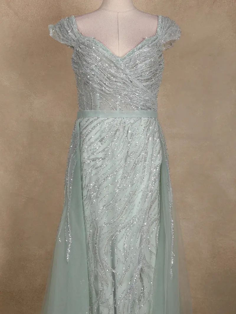 Mint Green Sequins Embroidered Net Evening Gown 2