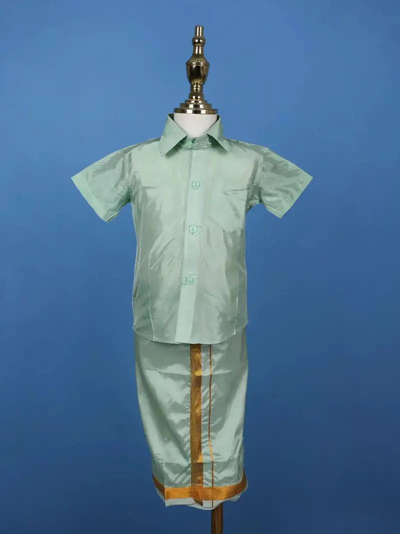 Mint Green Silk Dhoti With Matching Half Sleeve Shirt 1