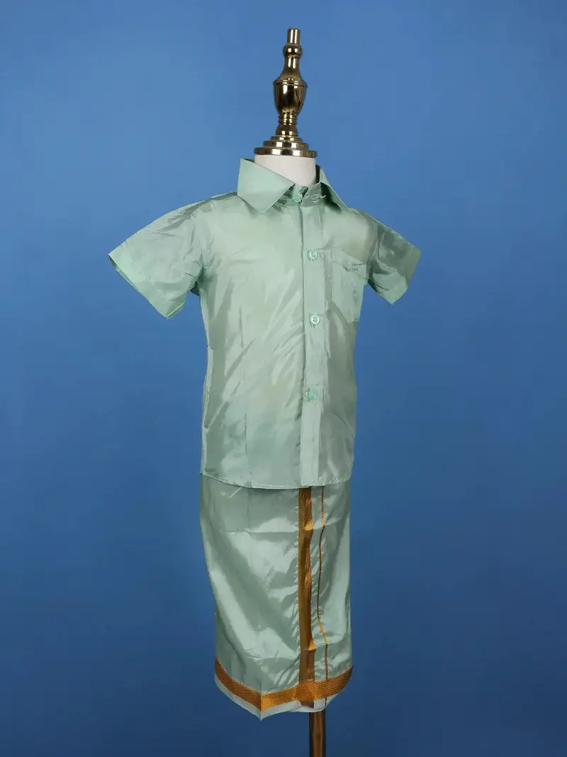 Mint Green Silk Dhoti With Matching Half Sleeve Shirt 2