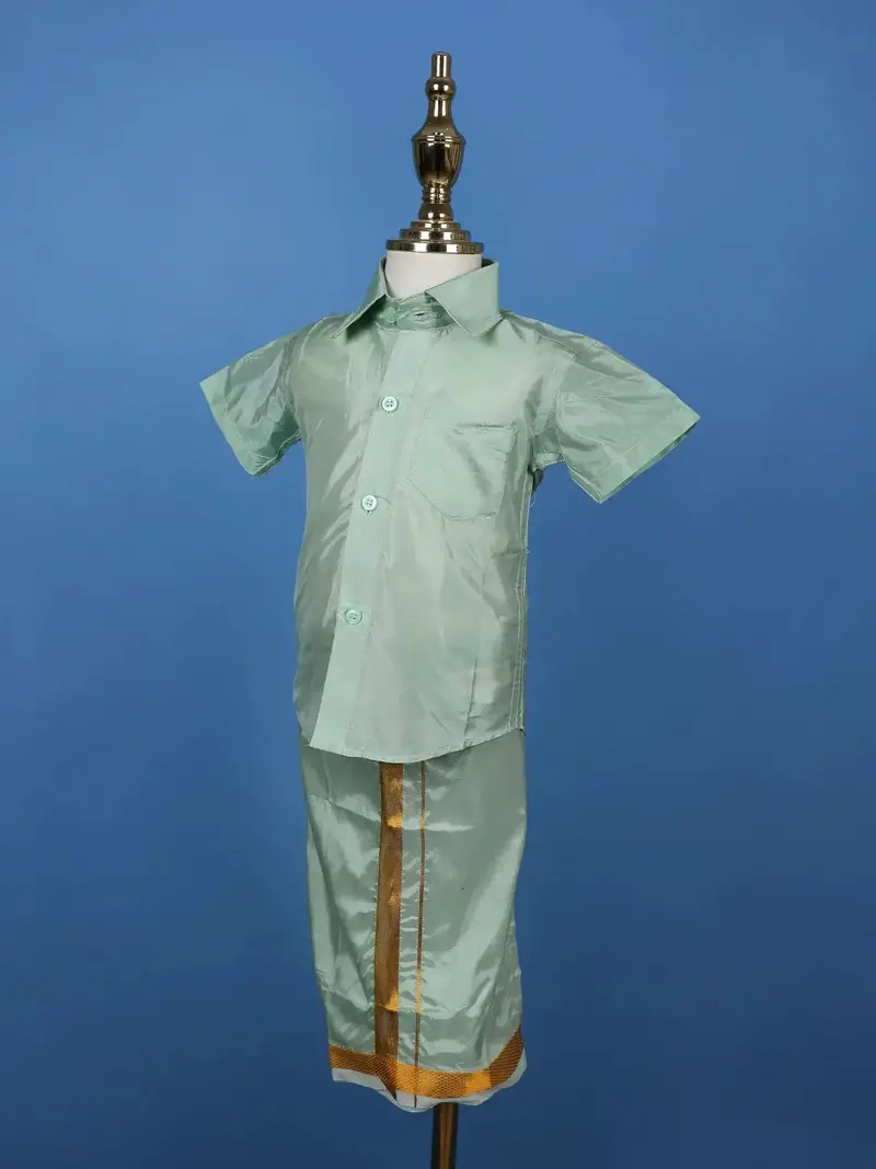Mint Green Silk Dhoti With Matching Half Sleeve Shirt 3