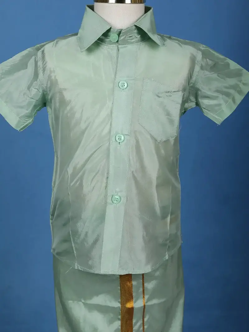 Mint Green Silk Dhoti With Matching Half Sleeve Shirt 4