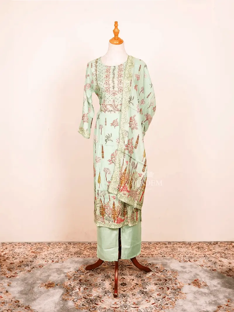 Mint Green Straight Cut Suit Enhanced With Floral Prints And Sequins Along With Dupatta 1