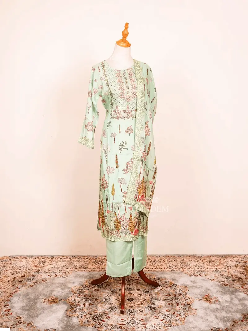 Mint Green Straight Cut Suit Enhanced With Floral Prints And Sequins Along With Dupatta 2