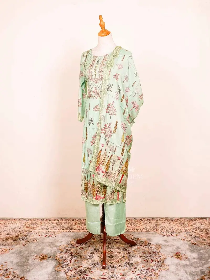 Mint Green Straight Cut Suit Enhanced With Floral Prints And Sequins Along With Dupatta 3