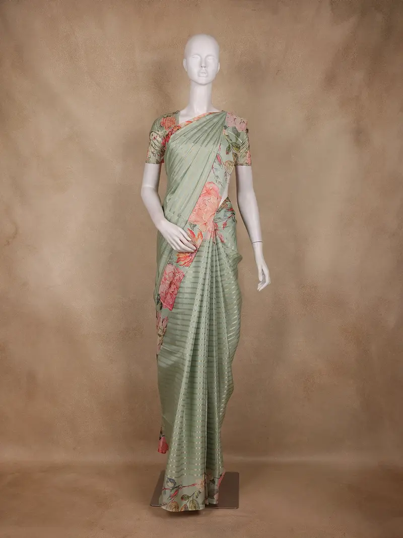 Mint Green Stripes And Floral Printed Tussar Silk Saree 1