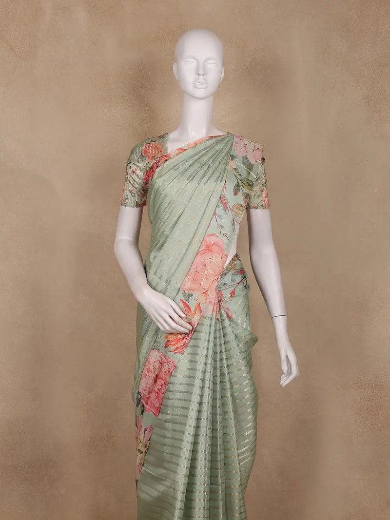 Mint Green Stripes And Floral Printed Tussar Silk Saree 2