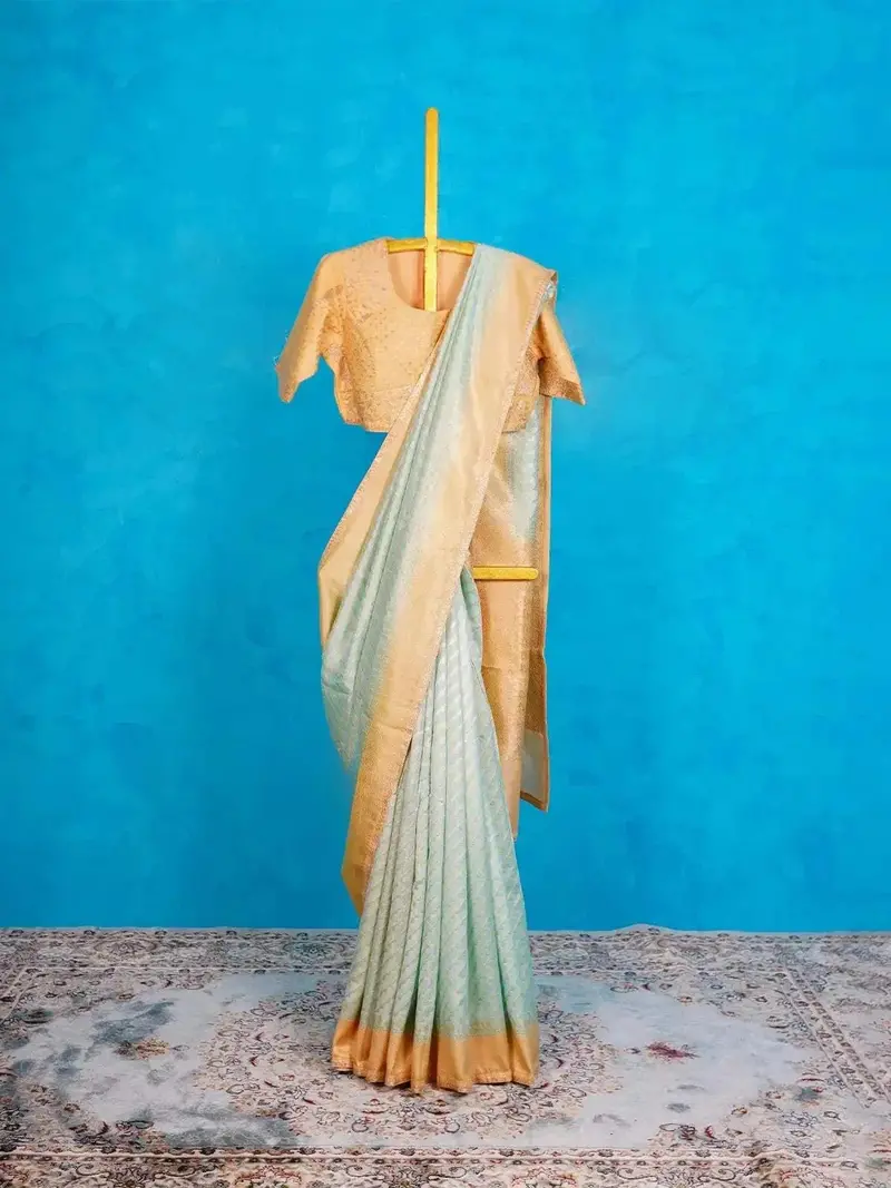 Mint Green Tussar Silk Saree With Embroidery Border And Designer Blouse 1