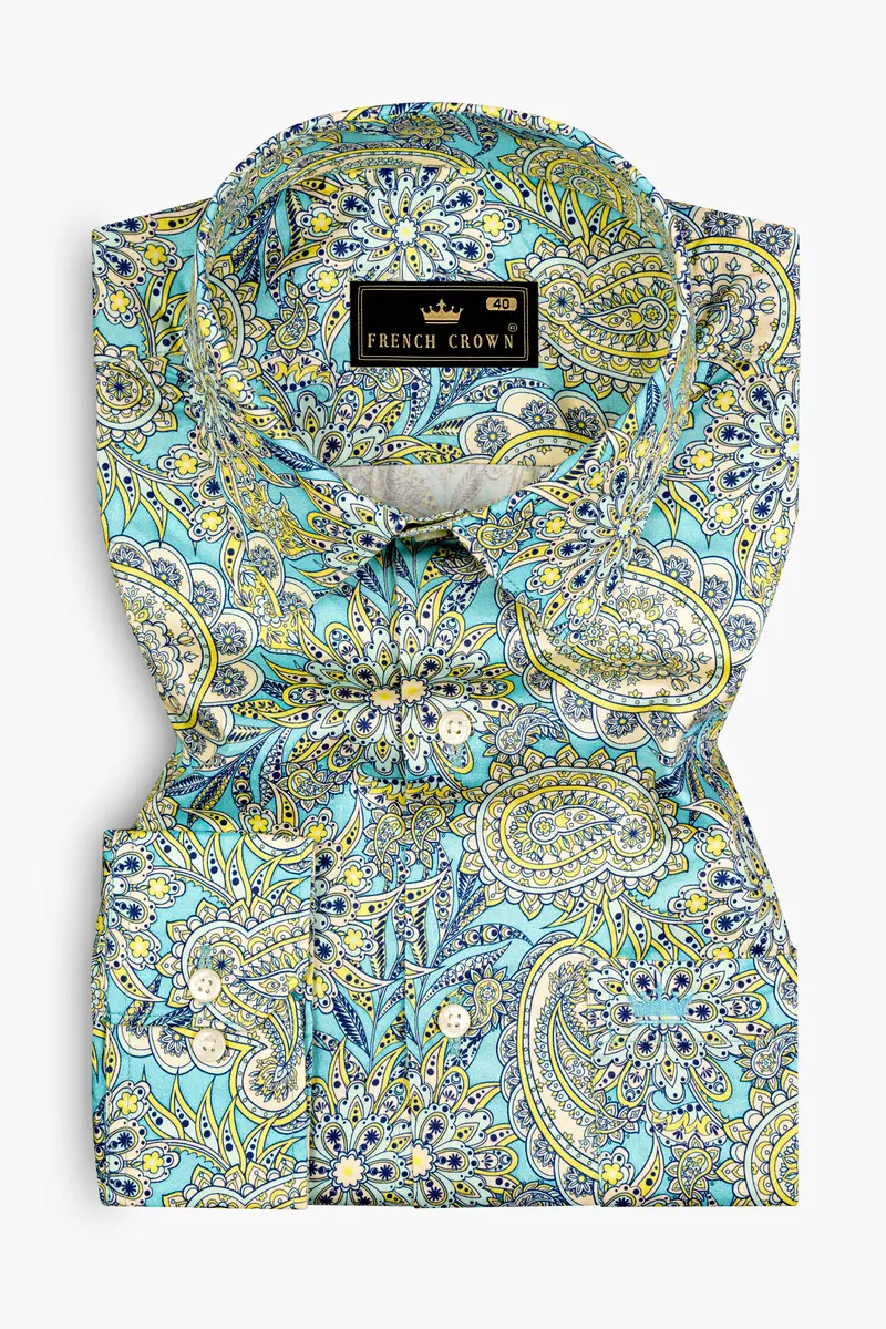 Mint Green With Tealish Blue Multicolor Printed Super Soft Premium Cotton Shirt 3