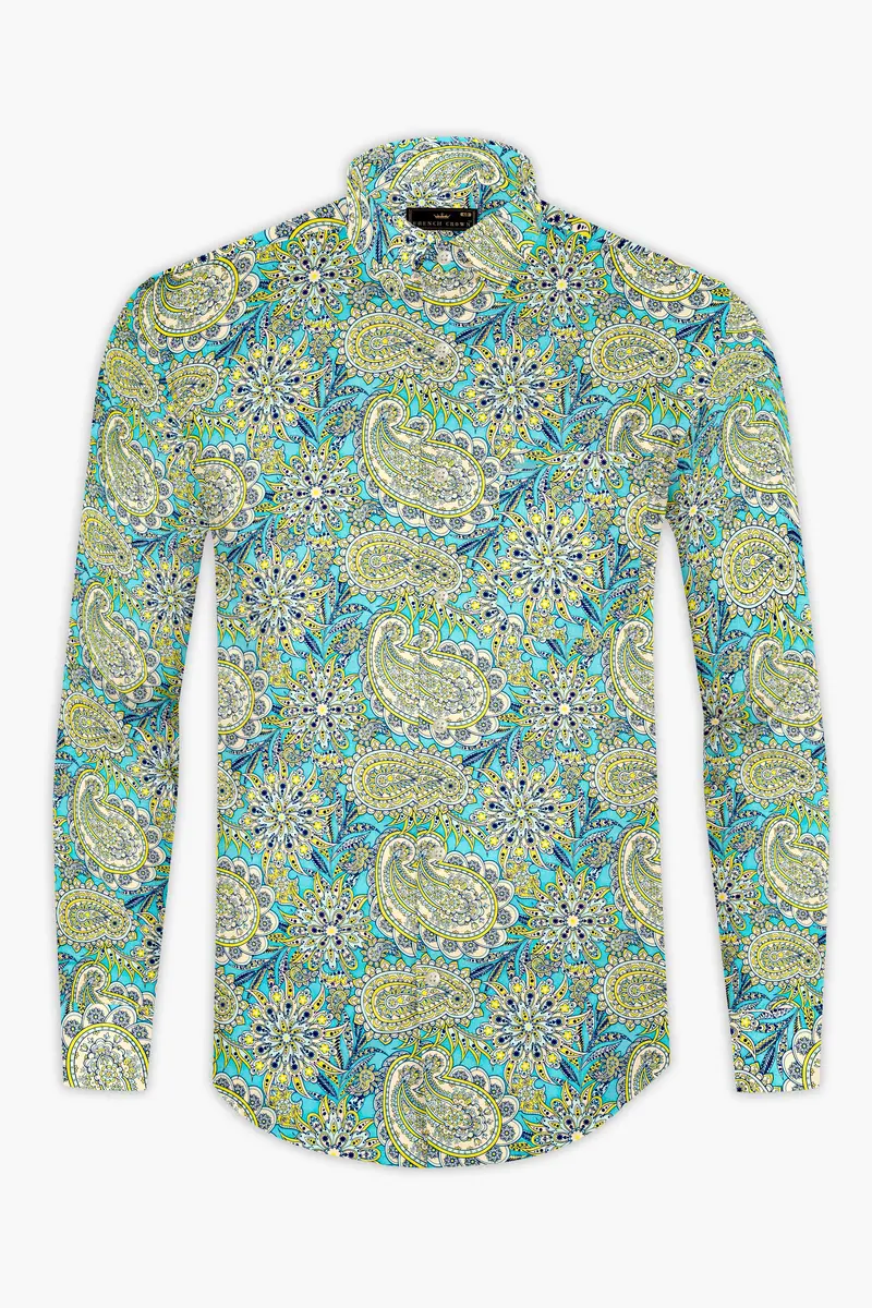 Mint Green With Tealish Blue Multicolor Printed Super Soft Premium Cotton Shirt 4