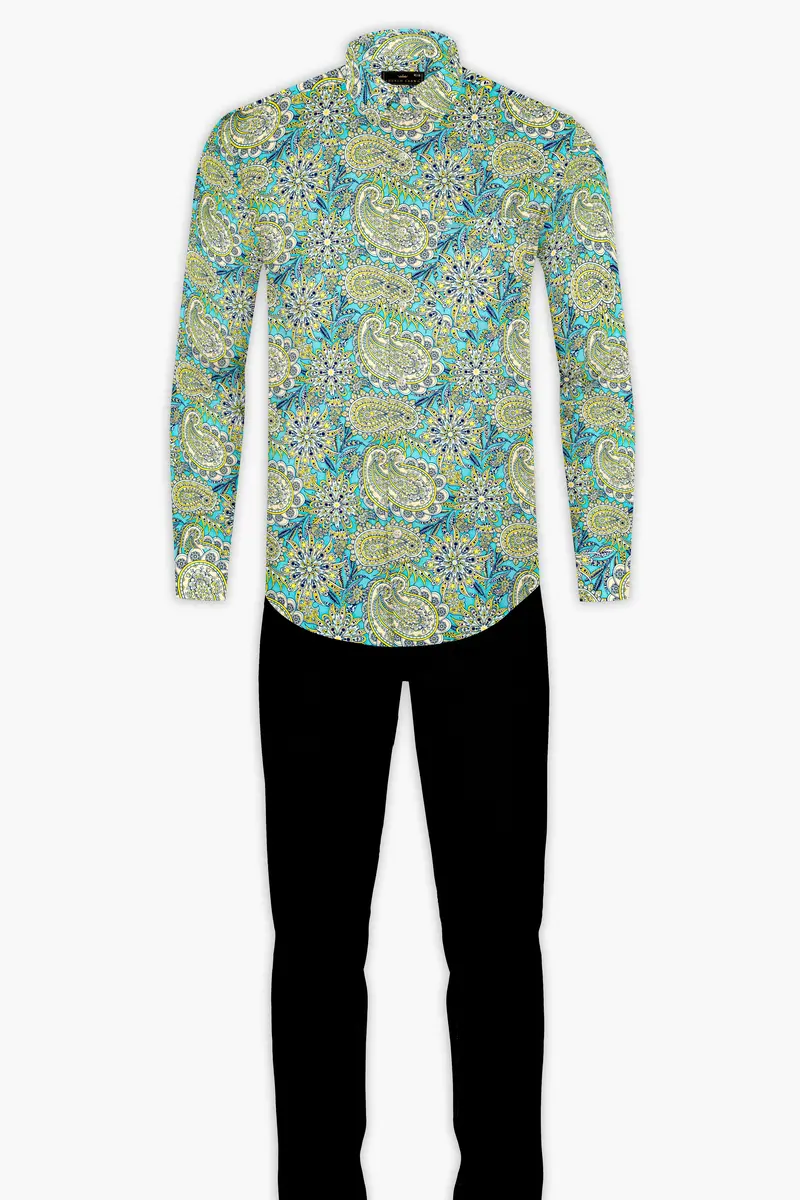 Mint Green With Tealish Blue Multicolor Printed Super Soft Premium Cotton Shirt 6