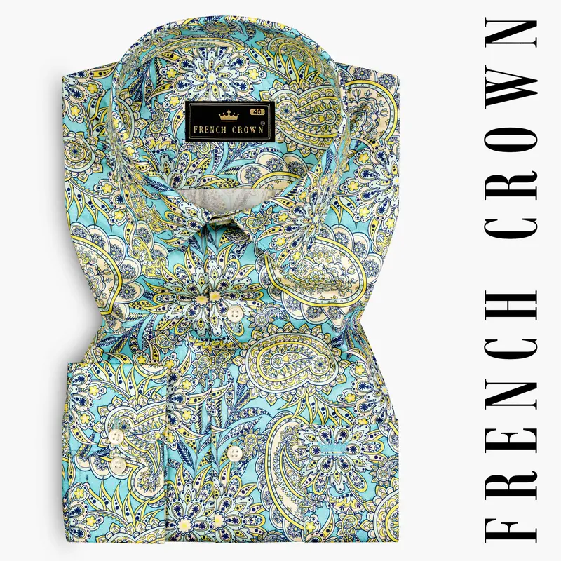 Mint Green With Tealish Blue Multicolor Printed Super Soft Premium Cotton Shirt 7
