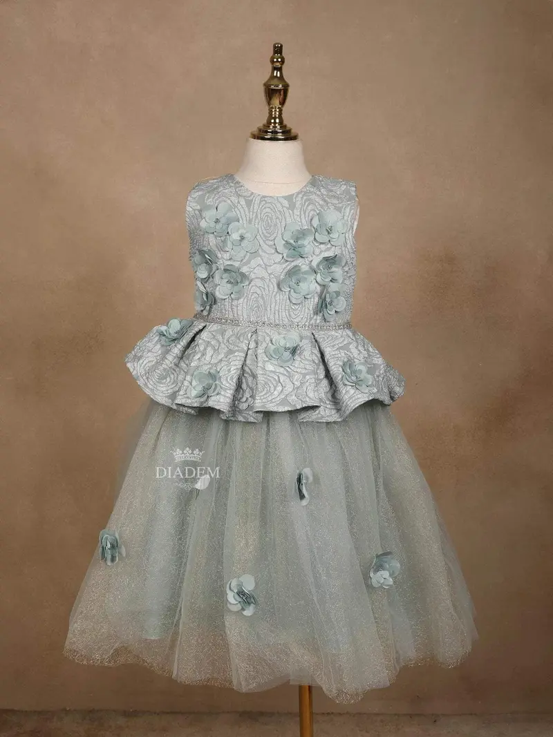 Mint Net And Satin Gown Adorned With 3D Flowers 1