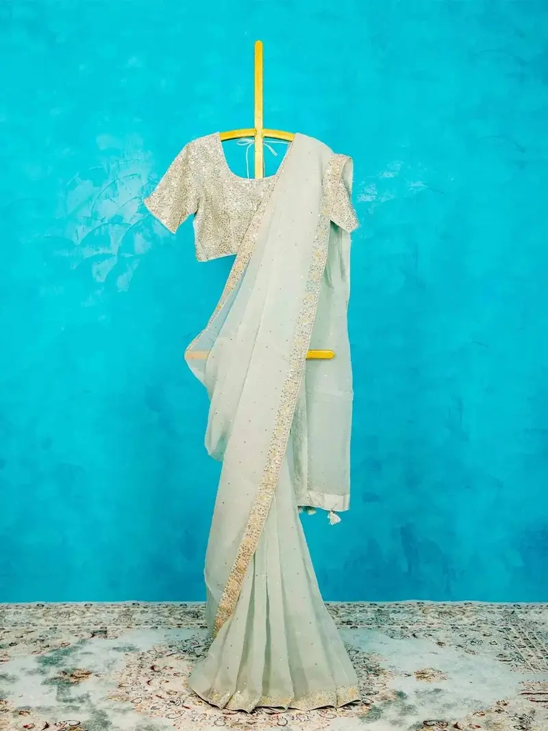 Mint Organza Saree Embellished With Sequins Border Along With Designer Blouse 1