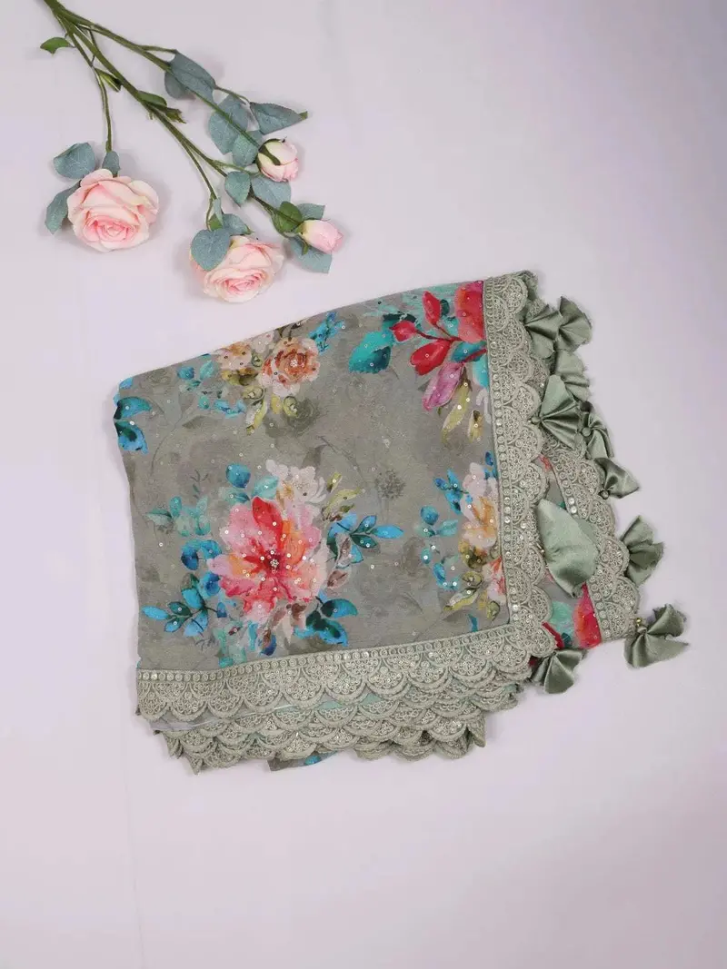 Mint Organza Saree With Floral Prints On The Body And Lace Border Paired With Designer Blouse 1