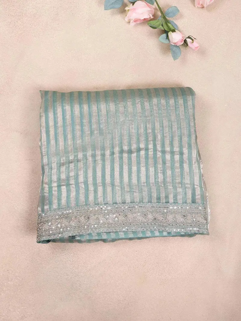 Mint Organza Saree With Stripes On The Body And Embroidery Border 1