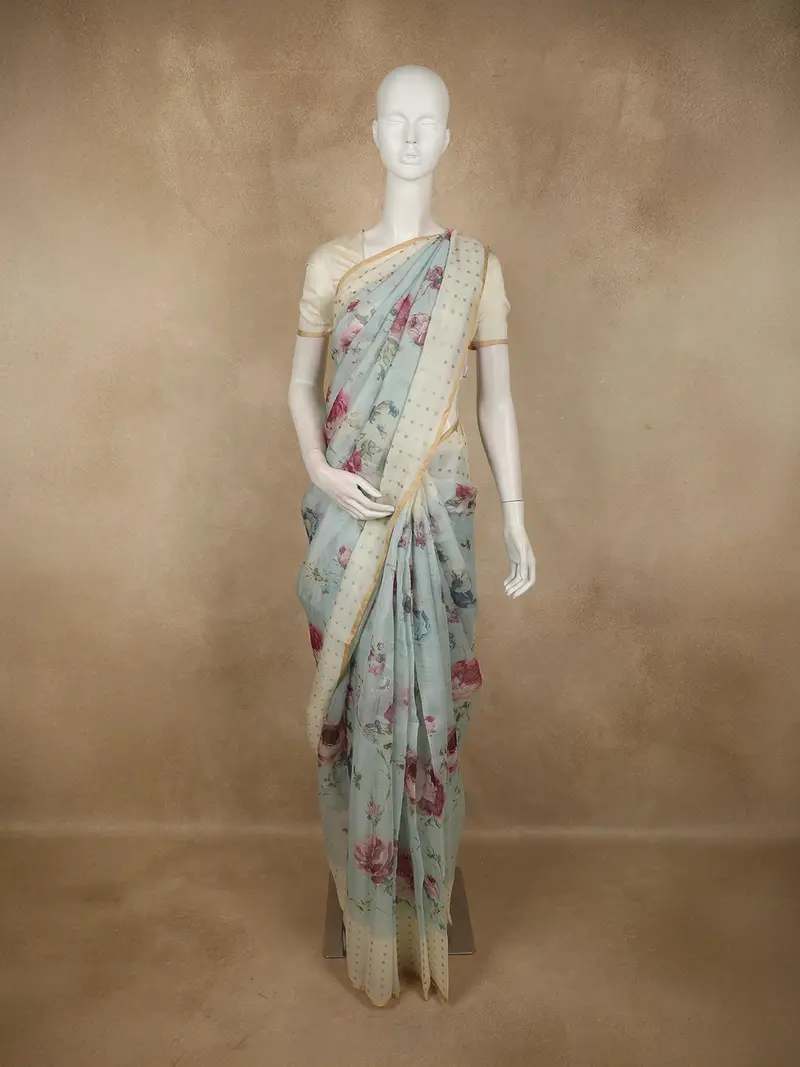 Mint Sage Green Floral Printed Design Banarasi Saree With Contrast Ivory Border 1