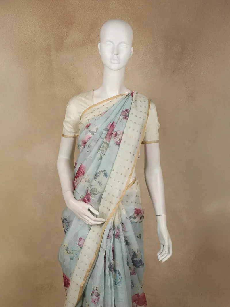 Mint Sage Green Floral Printed Design Banarasi Saree With Contrast Ivory Border 2