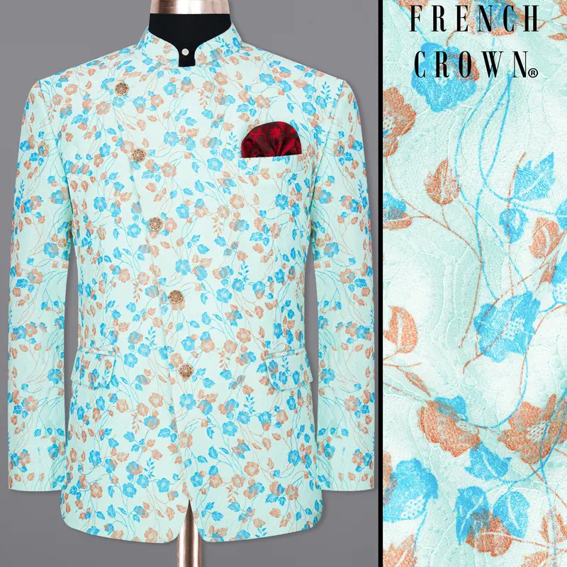 Mint Tulip And Tiffany Blue Floral Printed Cross Placket Bandhgala Designer Blazer 1