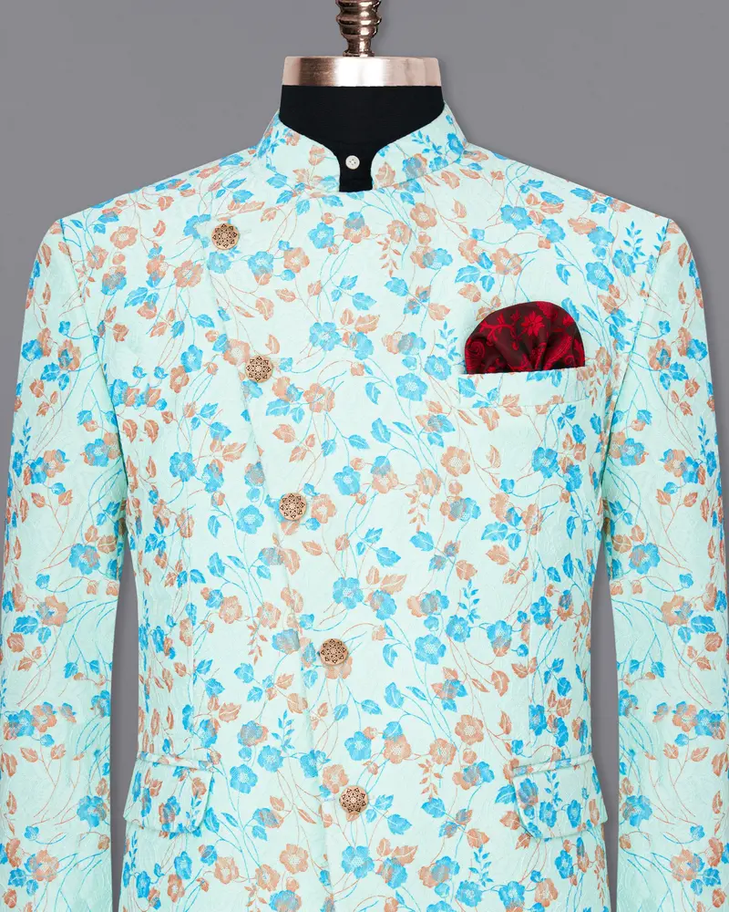 Mint Tulip And Tiffany Blue Floral Printed Cross Placket Bandhgala Designer Blazer 2