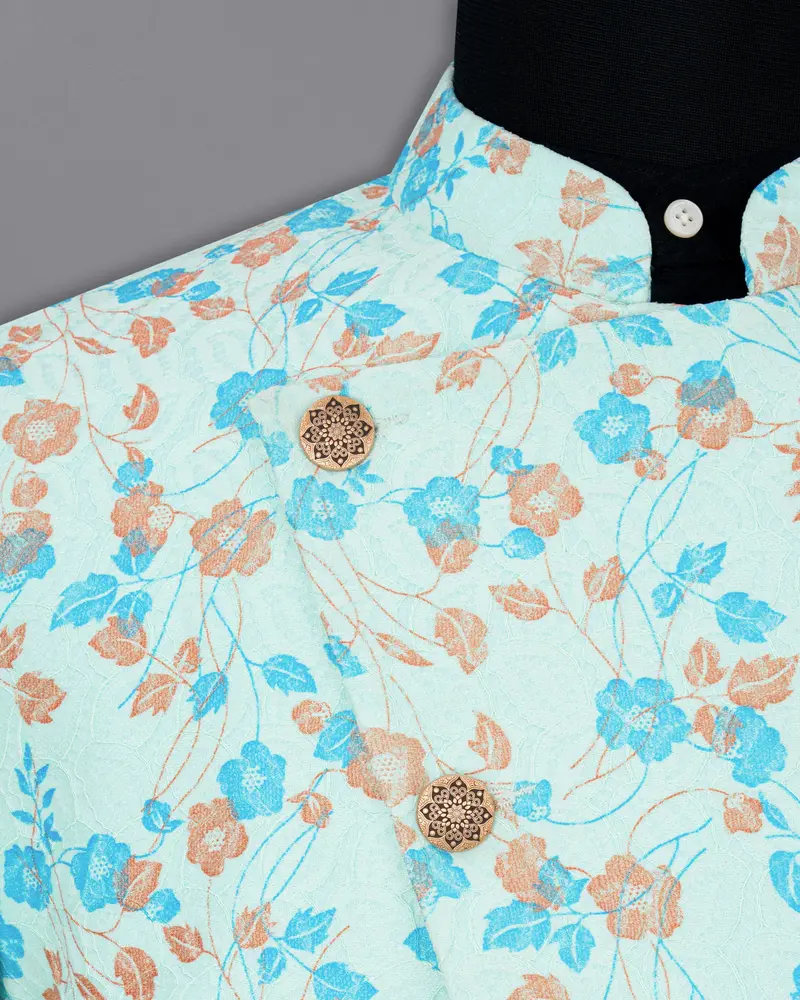 Mint Tulip And Tiffany Blue Floral Printed Cross Placket Bandhgala Designer Blazer 4