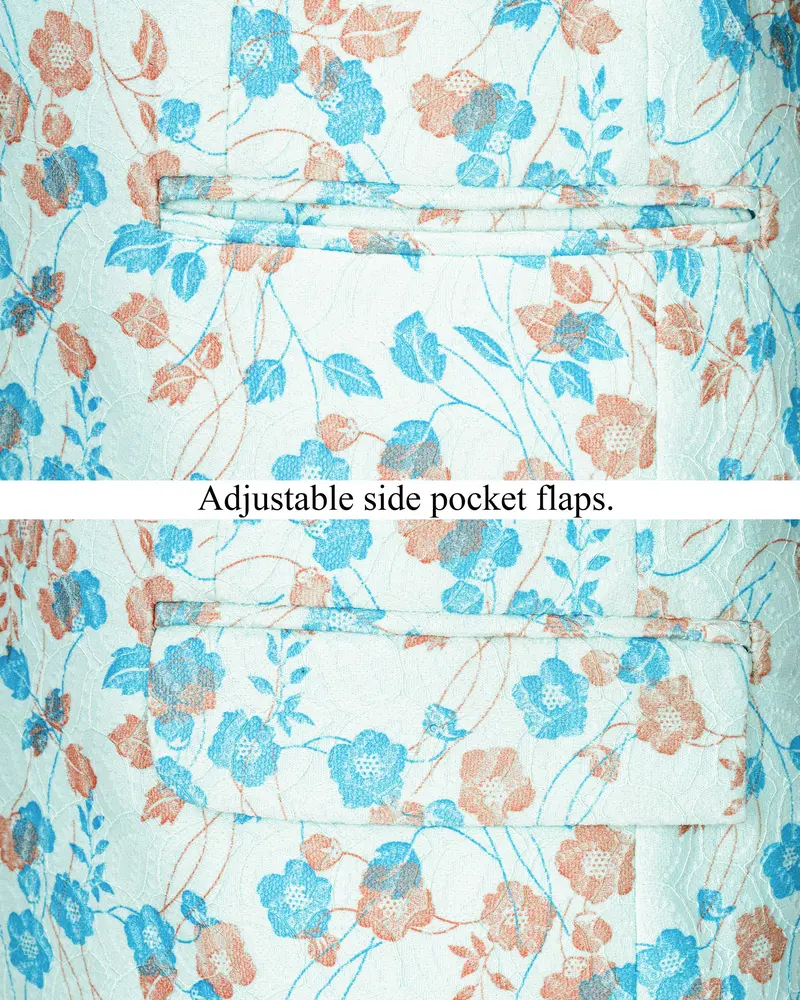 Mint Tulip And Tiffany Blue Floral Printed Cross Placket Bandhgala Designer Blazer 5