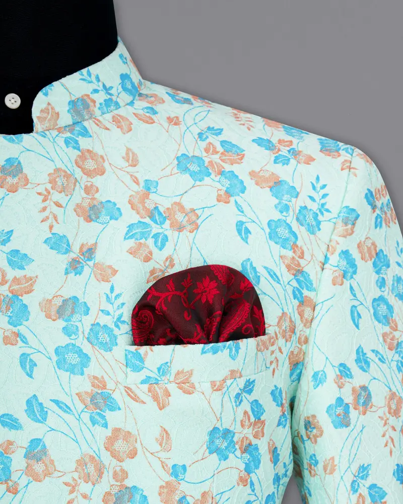 Mint Tulip And Tiffany Blue Floral Printed Cross Placket Bandhgala Designer Blazer 6