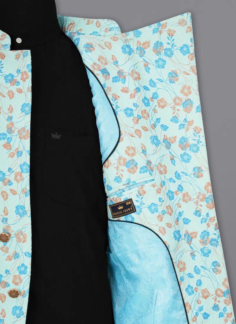 Mint Tulip And Tiffany Blue Floral Printed Cross Placket Bandhgala Designer Blazer 7