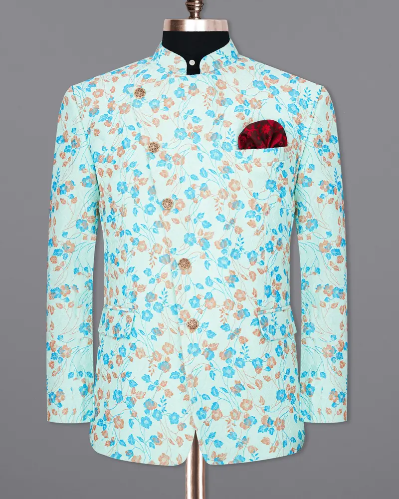 Mint Tulip And Tiffany Blue Floral Printed Cross Placket Bandhgala Designer Blazer 8