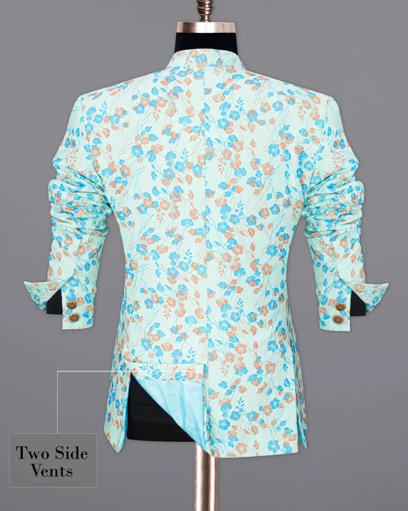Mint Tulip And Tiffany Blue Floral Printed Cross Placket Bandhgala Designer Blazer 9