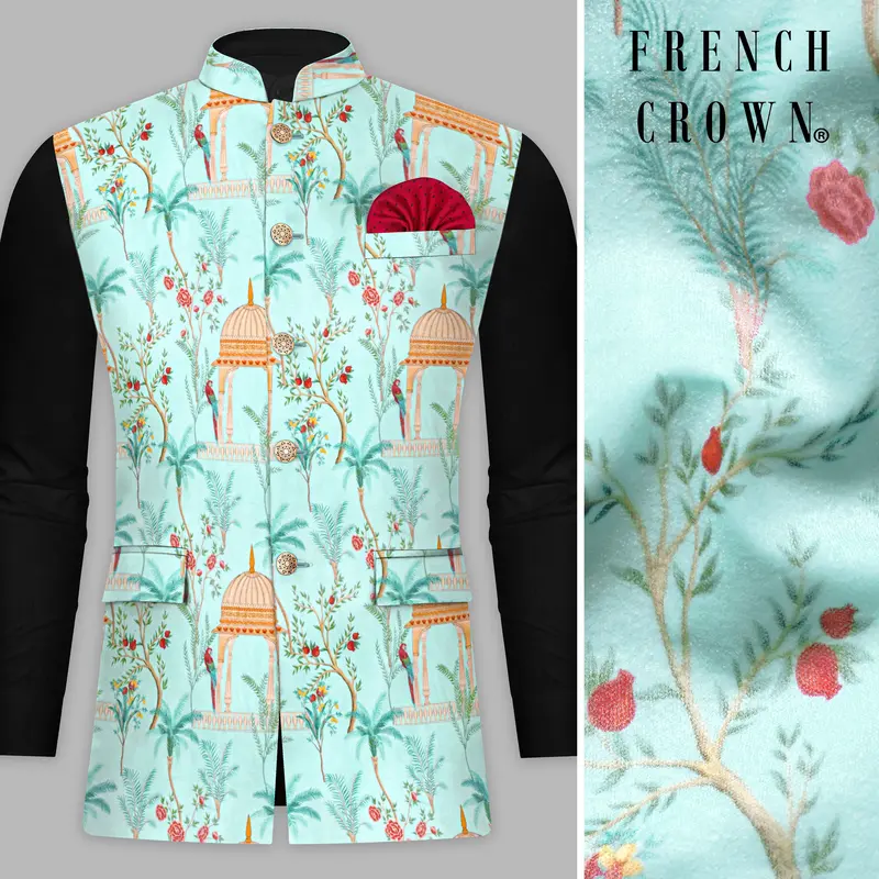 Mint Tulip Blue And Maize Orange Velvet Mughal Garden Arch Printed Nehru Jacket 1