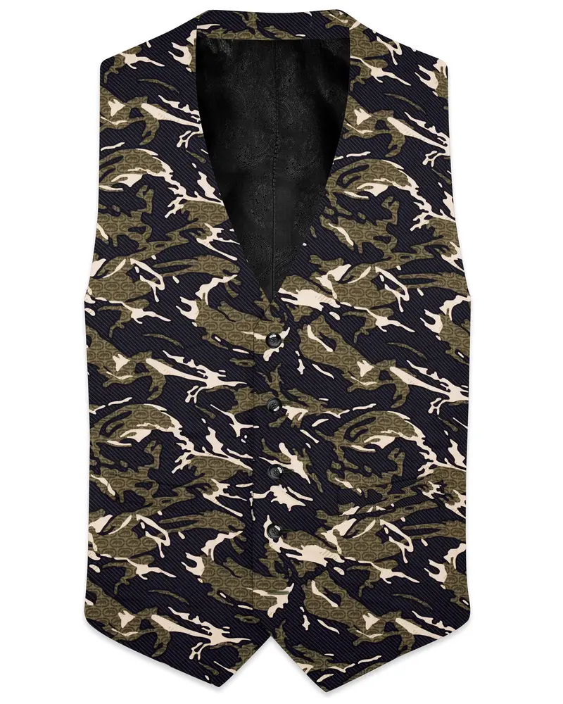 Mirage Black And Sage Green Camouflage Printed Cotton Waistcoat 1