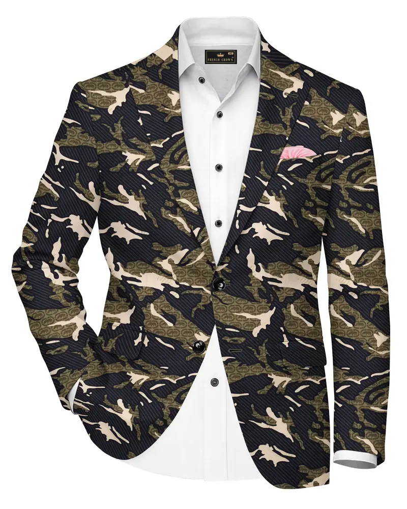 Mirage Black And Sage Green Printed Premium Cotton Single-Breasted Blazer 1