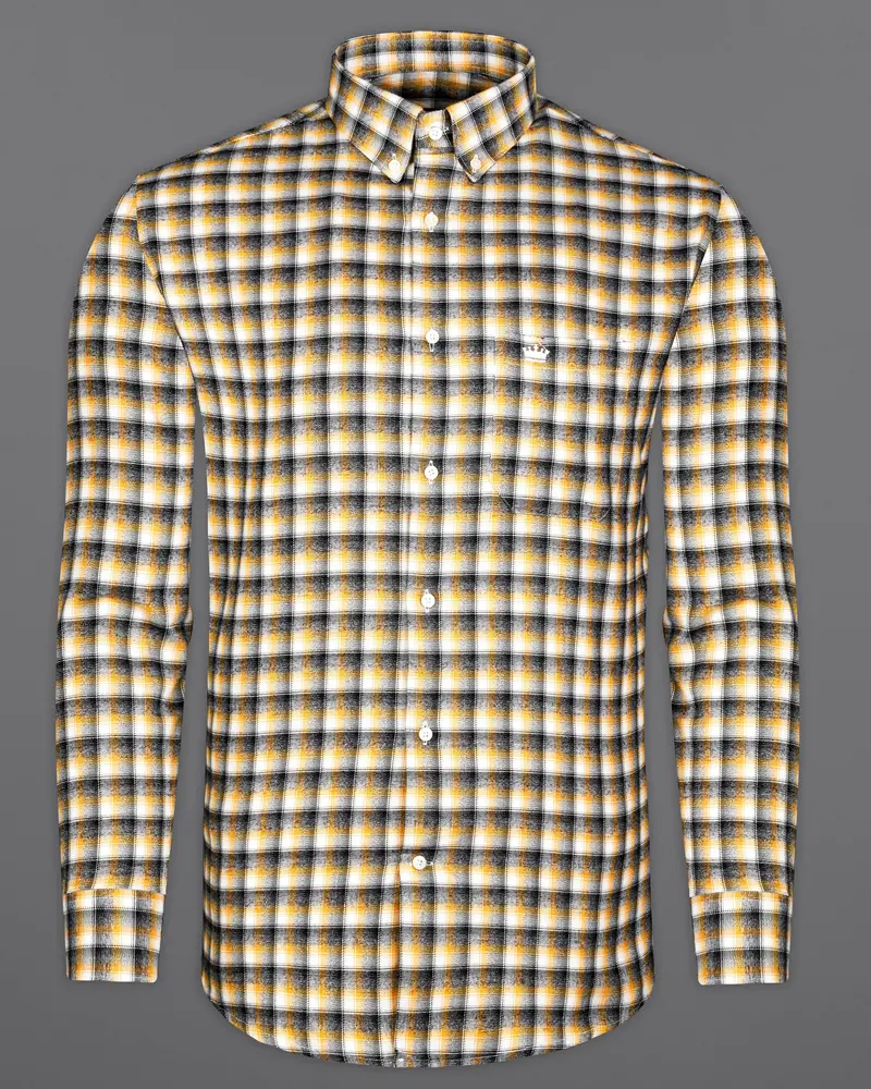 Mirage Black With Mikado Yellow Checkered Printed Twill Premium Cotton Designer Shirt 8