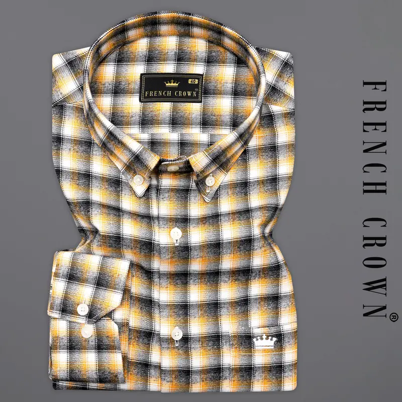 Mirage Black With Mikado Yellow Checkered Printed Twill Premium Cotton Designer Shirt 9