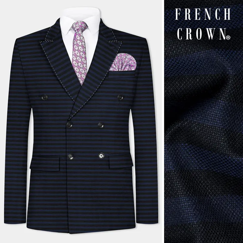 Mirage Blue And Black Horizontal Striped Wool Blend Blazer 1