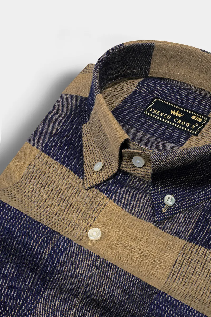 Mirage Blue And Mocha Brown Plaid Chambray Premium Giza Cotton Shirt 1