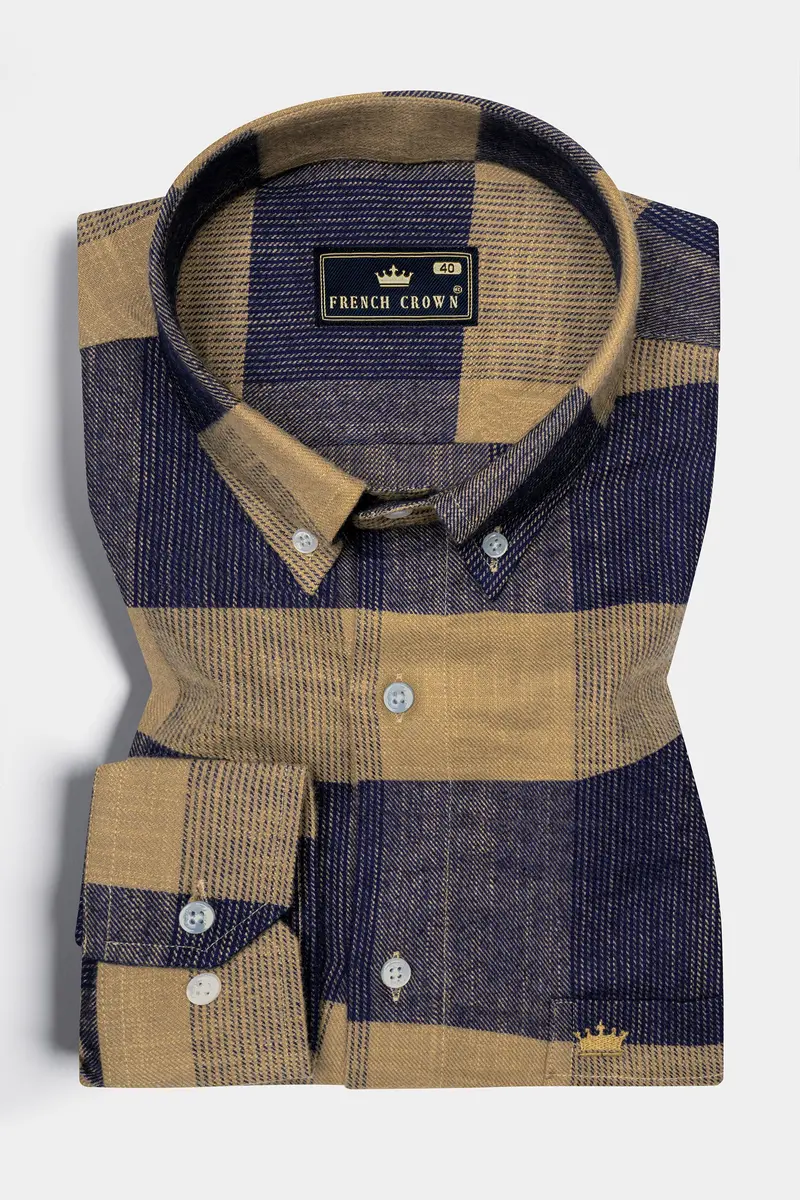 Mirage Blue And Mocha Brown Plaid Chambray Premium Giza Cotton Shirt 3