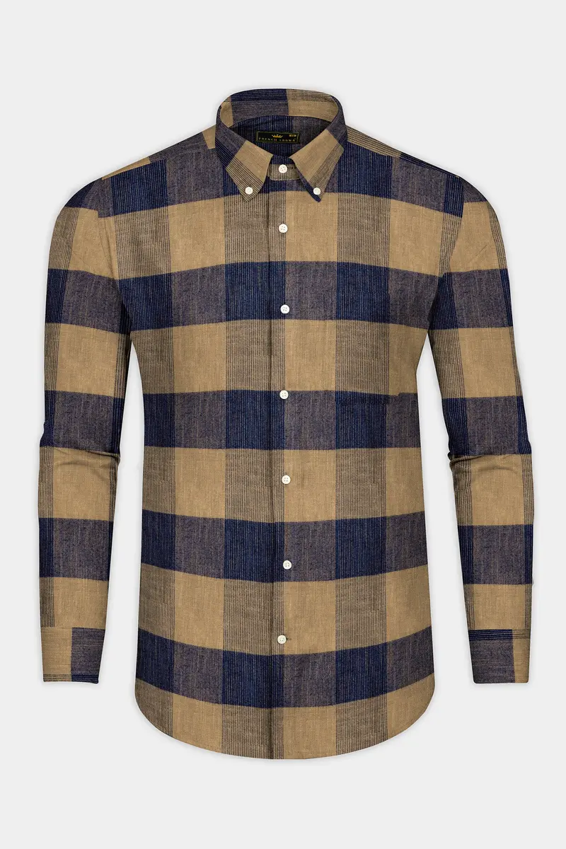 Mirage Blue And Mocha Brown Plaid Chambray Premium Giza Cotton Shirt 4