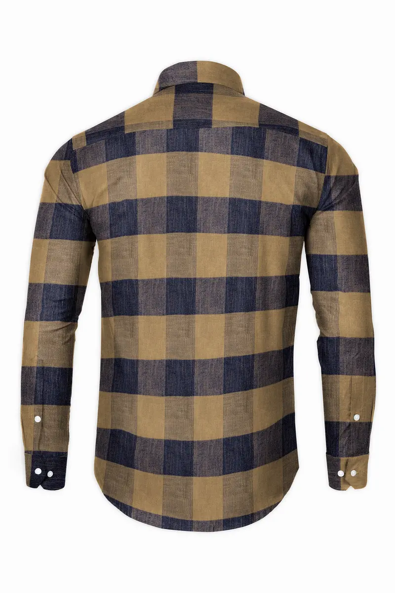 Mirage Blue And Mocha Brown Plaid Chambray Premium Giza Cotton Shirt 5