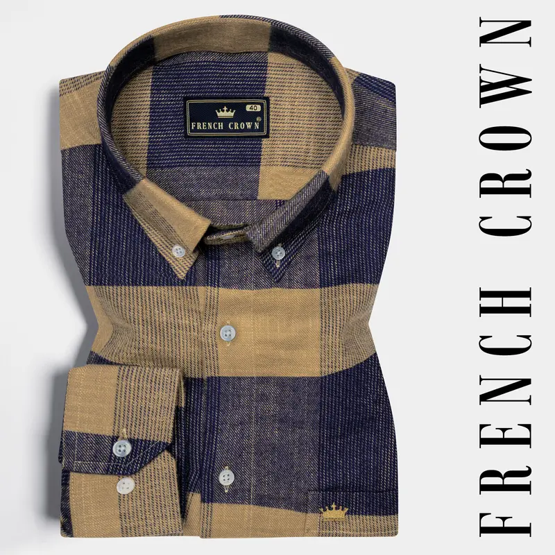 Mirage Blue And Mocha Brown Plaid Chambray Premium Giza Cotton Shirt 6