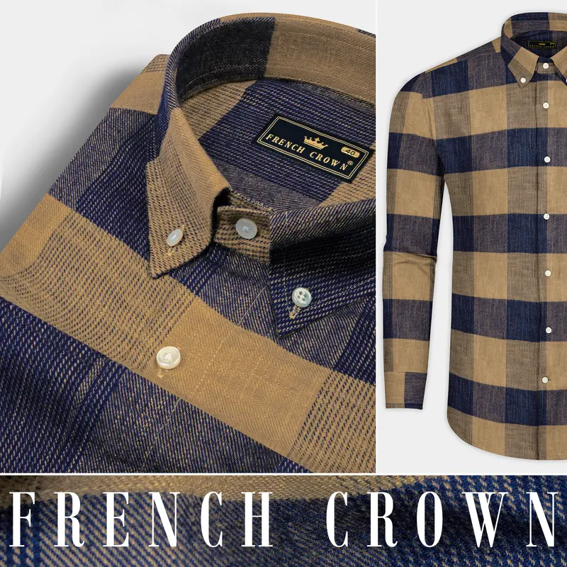 Mirage Blue And Mocha Brown Plaid Chambray Premium Giza Cotton Shirt 9