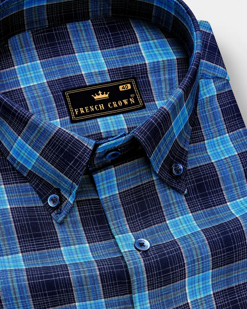 Mirage Blue And Pacific Blue Plaid Dobby Textured Premium Giza Cotton Shirt 1