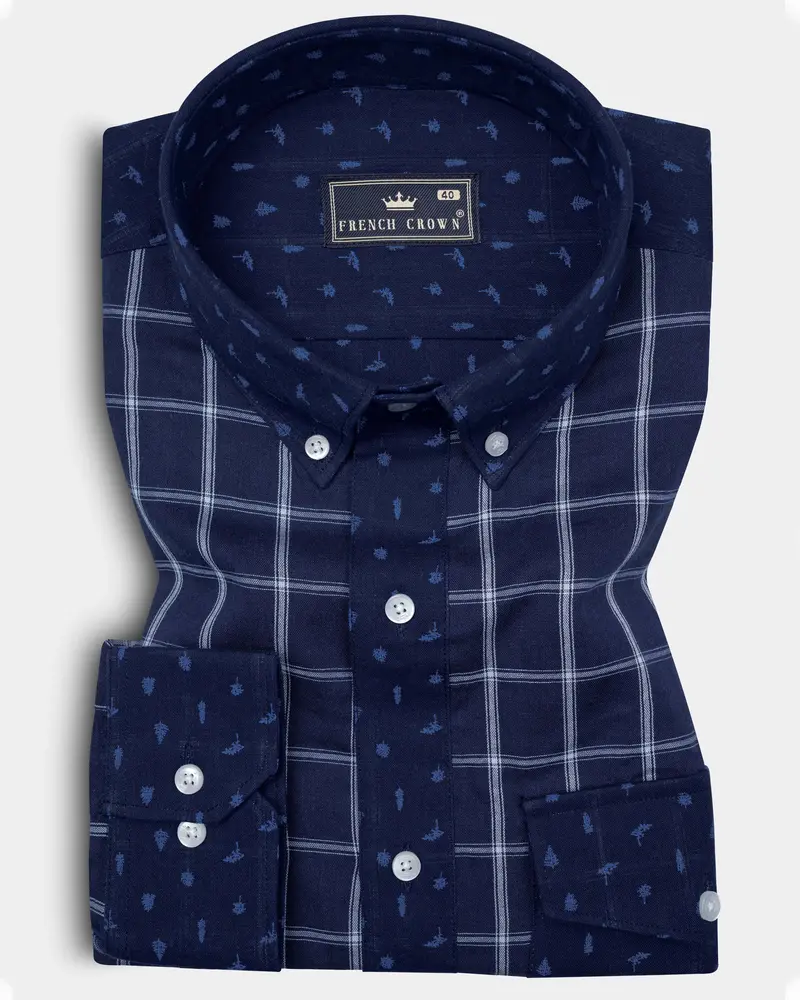 Mirage Blue Checkered Pattern Chambray Designer Shirt 1