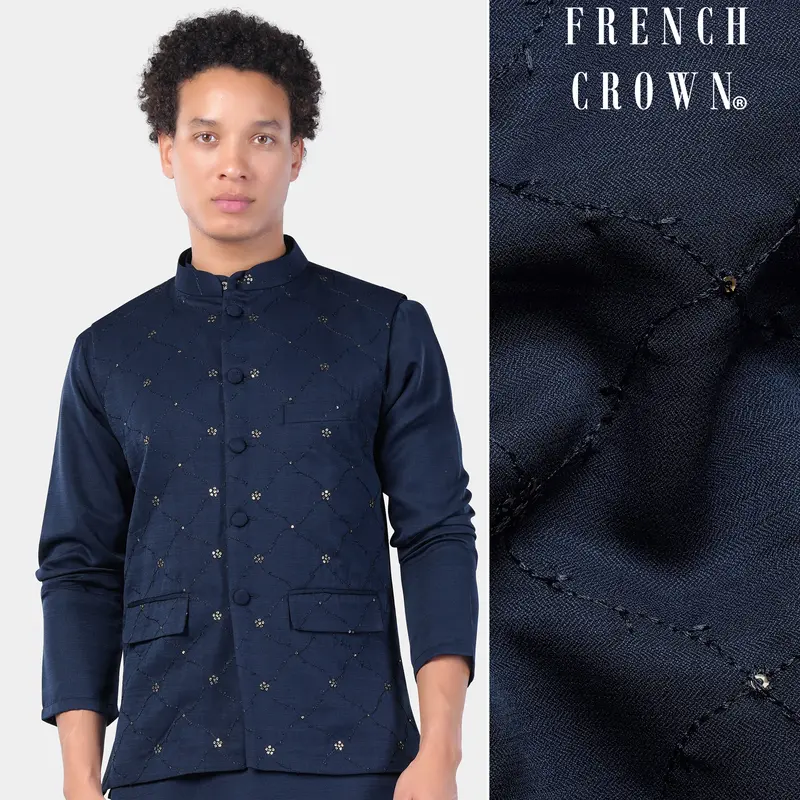 Mirage Blue Floral Thread And Sequin Embroidered Designer Viscose Nehru Jacket 1