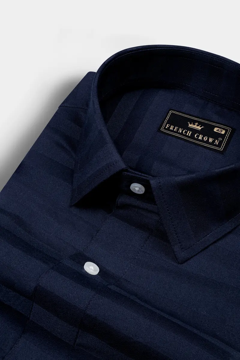 Mirage Blue Horizontal Striped Dobby Textured Premium Giza Cotton Shirt 1