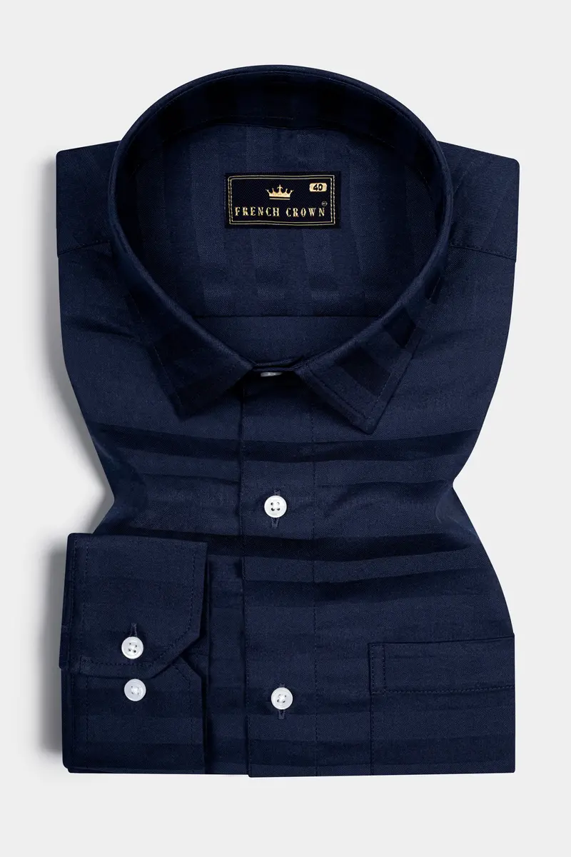 Mirage Blue Horizontal Striped Dobby Textured Premium Giza Cotton Shirt 3