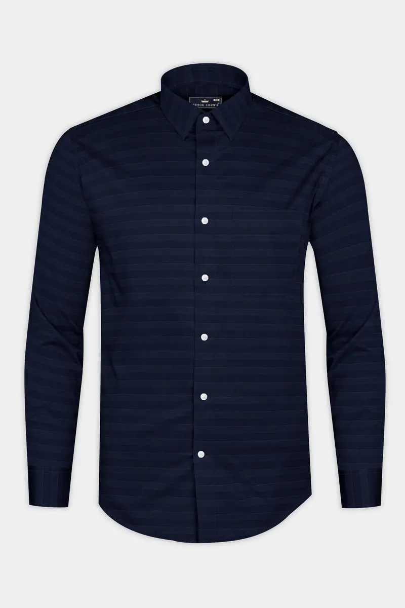 Mirage Blue Horizontal Striped Dobby Textured Premium Giza Cotton Shirt 4