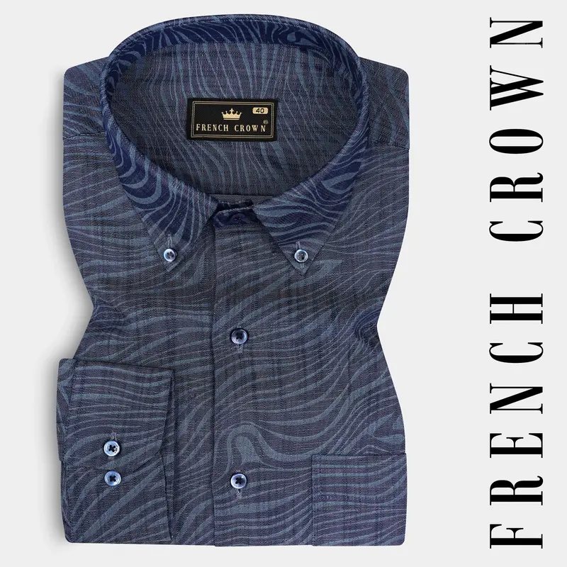 Mirage Blue Printed Chambray Premium Cotton Denim Shirt 1