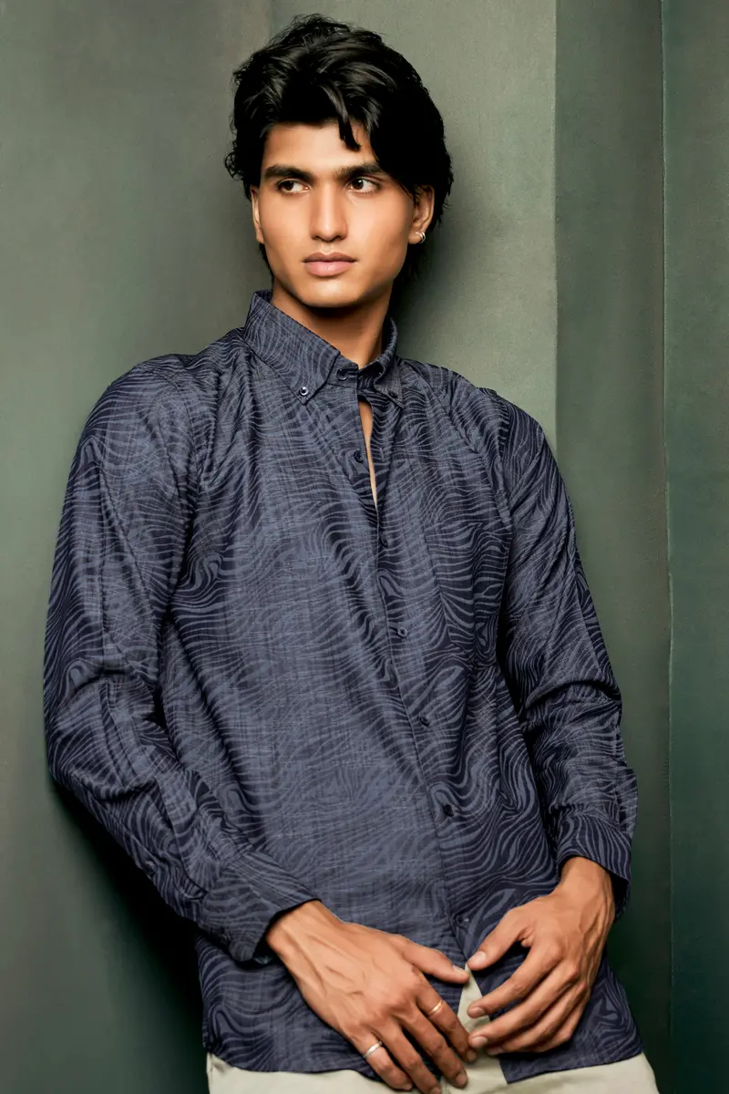 Mirage Blue Printed Chambray Premium Cotton Denim Shirt 10